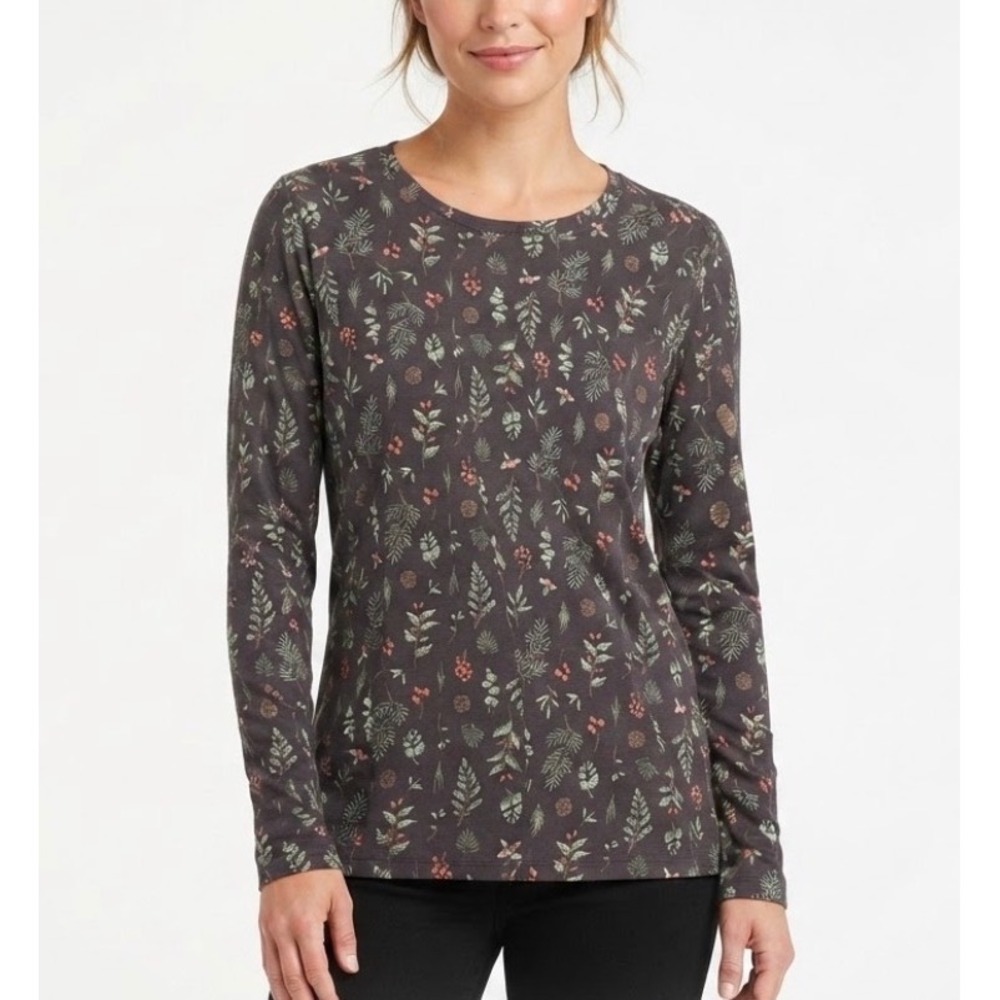 Duluth Trading Co Womens Medium Botanical Print Long Sleeve Cotton Tee Grey Fall